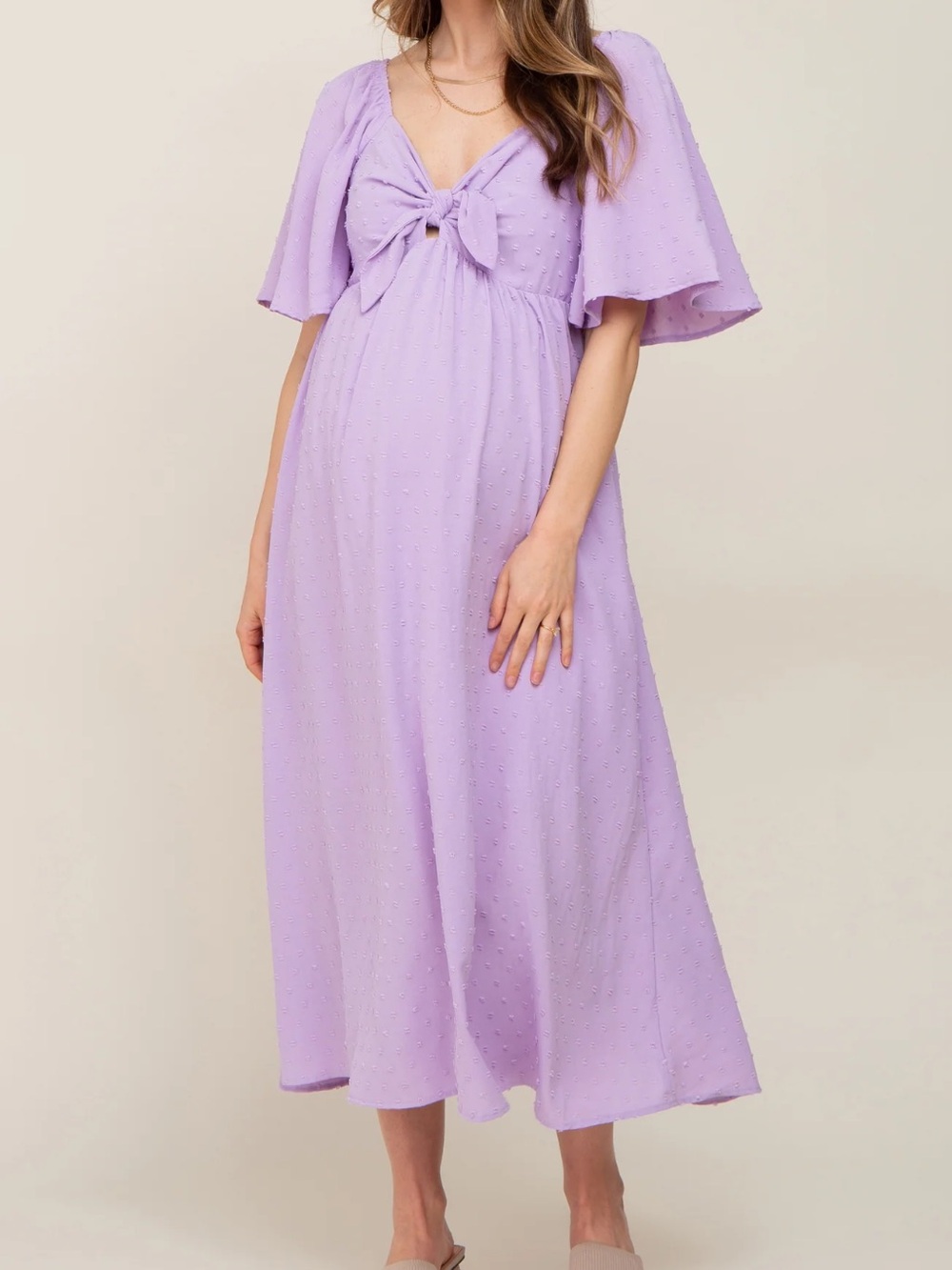 Maternity Lilac Tie-Front Maxi Dress with Flutter Sleeves